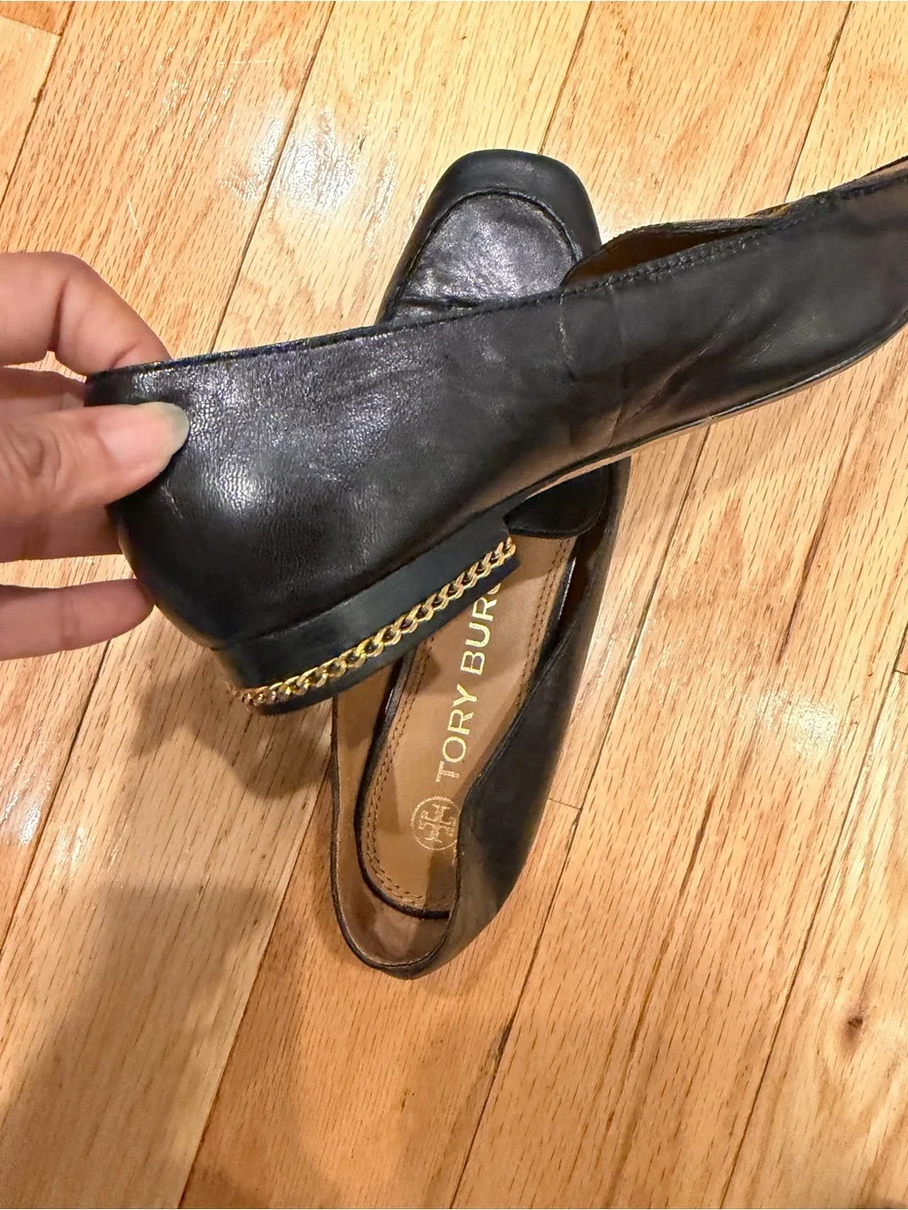 Tory Burch Black Leather Flats with Gold Chain Accent